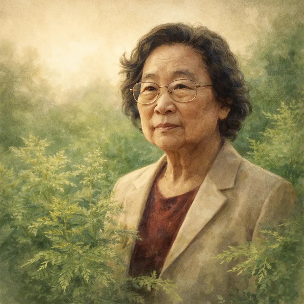 Ilustração de Tu Youyou cercada pela planta Artemísia