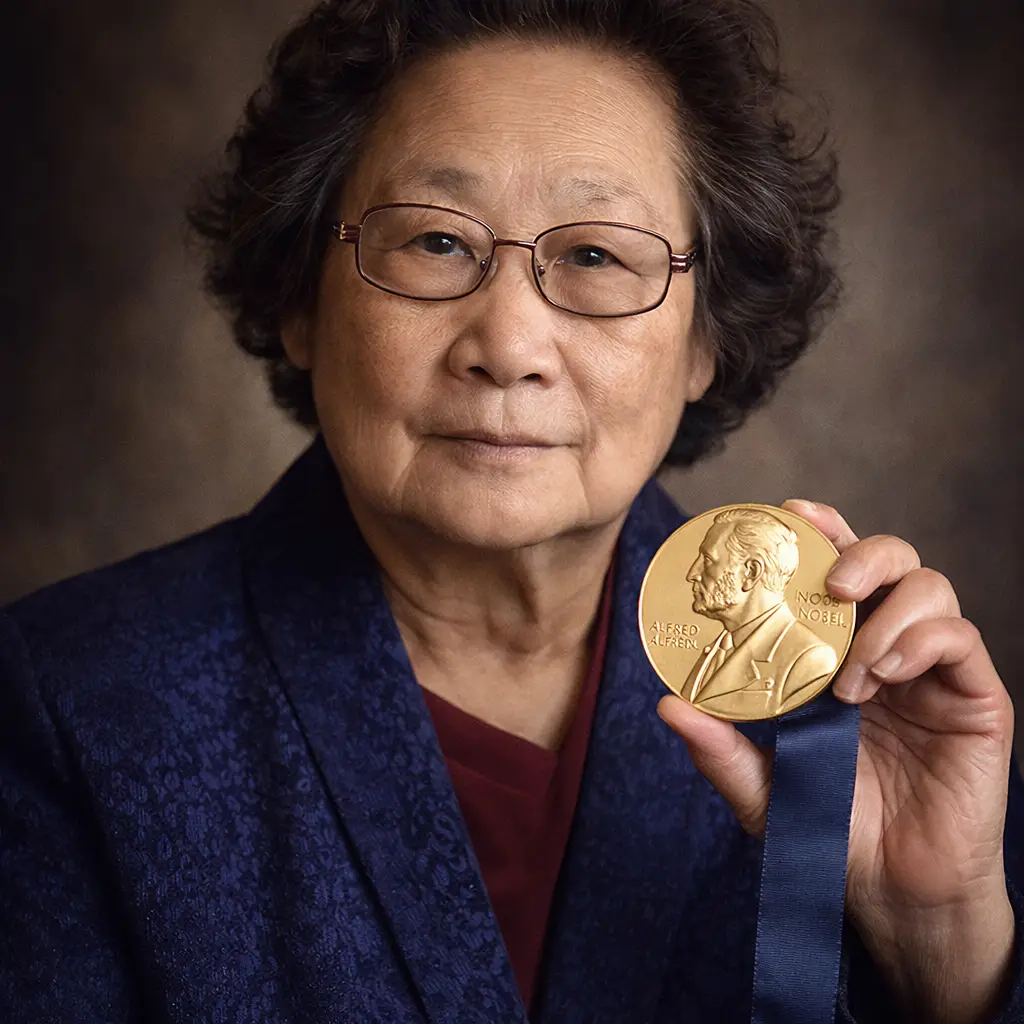 Tu Youyou artemísia segurando a medalha do Prêmio Nobel de Medicina