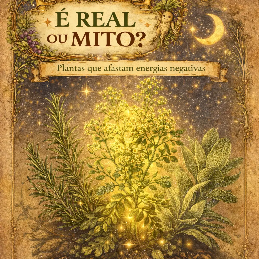 Plantas que afastam energias negativas em estilo vintage com selo Série Benverde É real ou mito, destacando arruda, alecrim e sálvia