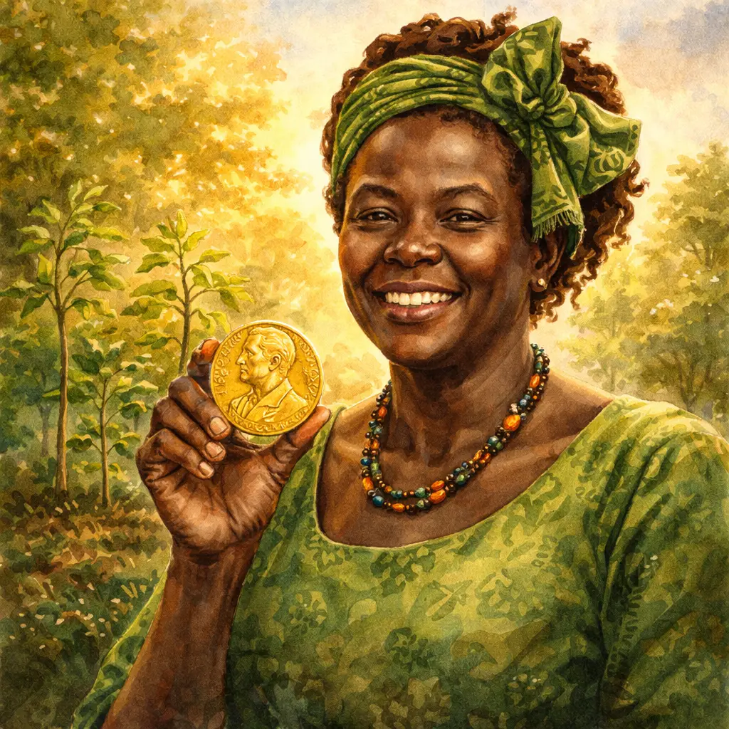 Wangari Maathai segurando a medalha do Prêmio Nobel da Paz, conquistado por seu trabalho ambiental.