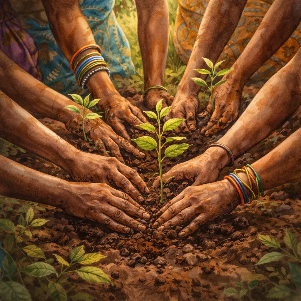 Wangari Maathai: mãos de mulheres plantando mudas de árvores no solo durante uma ação comunitária de reflorestamento.