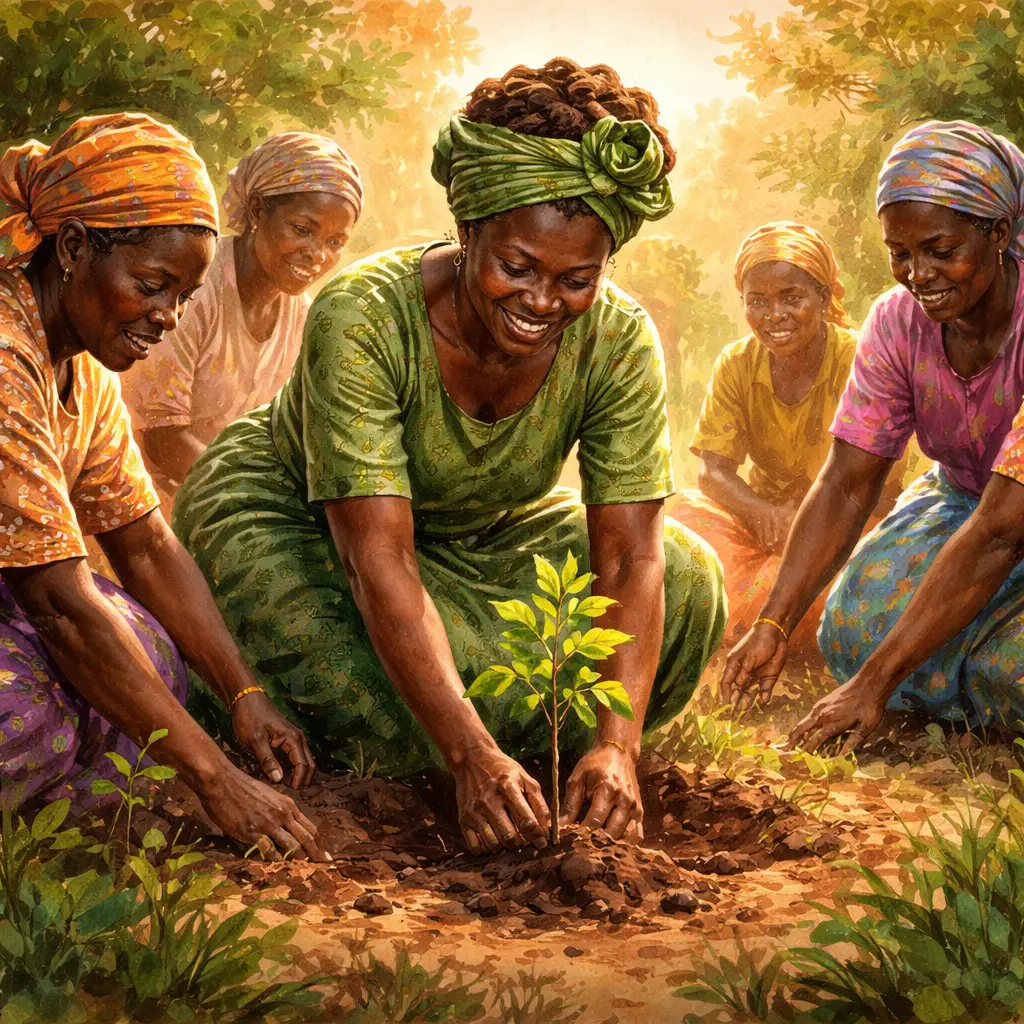 Wangari Maathai plantando uma árvore com mulheres da comunidade no Quênia, inspirando o movimento ambiental Green Belt Movement.