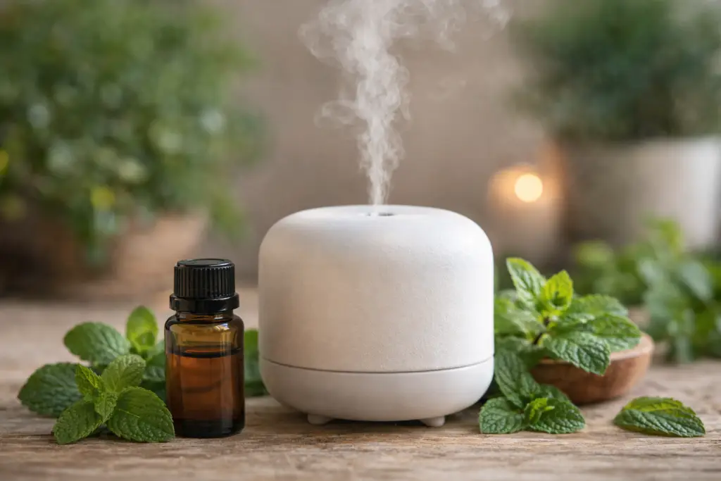 Difusor de aromaterapia com óleo essencial de hortelã-pimenta e folhas frescas da planta