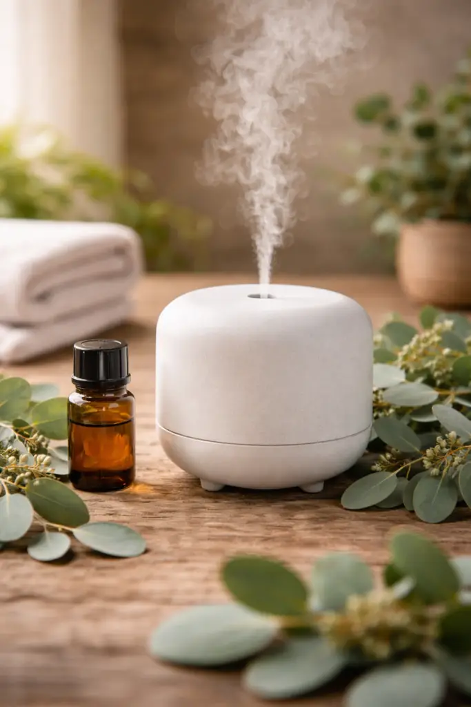 Difusor de aromaterapia com óleo essencial de eucalipto e folhas da planta