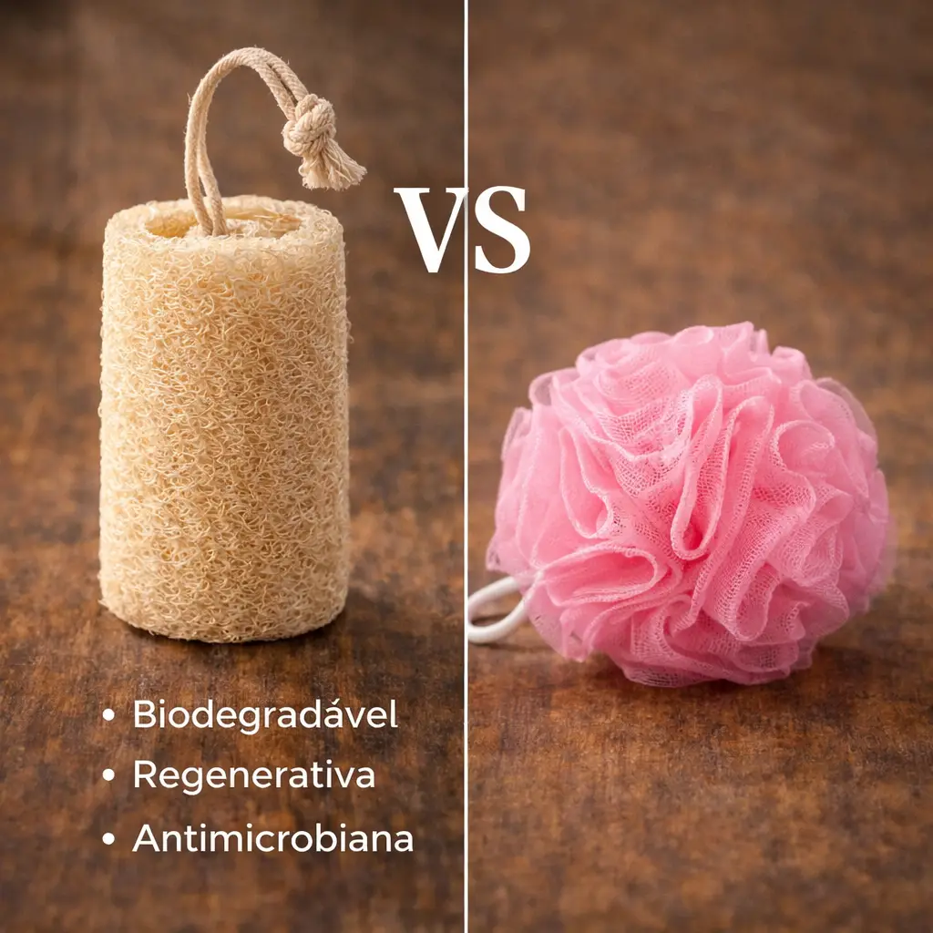 comparação entre esponja vegetal natural e bucha sintética de banho rosa