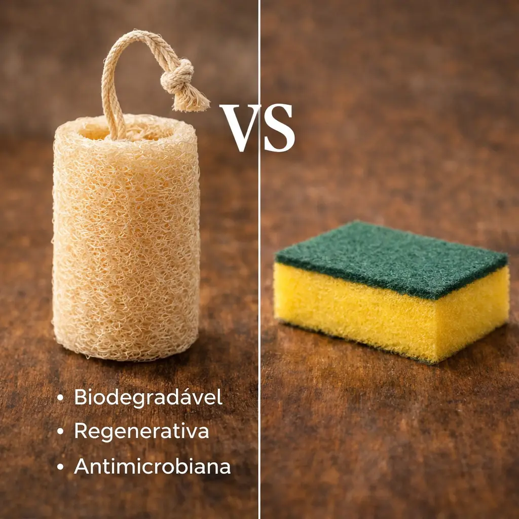 comparação entre esponja vegetal e esponja sintética de cozinha amarela e verde