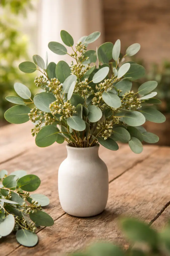 Ramos e folhas da planta eucalipto Eucalyptus globulus em vaso