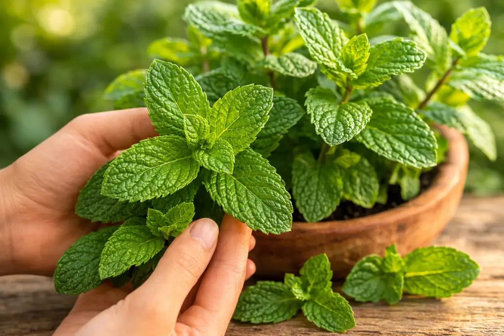 Folhas frescas da planta hortelã-pimenta Mentha piperita em vasoMentha piperita sobre mesa de madeira