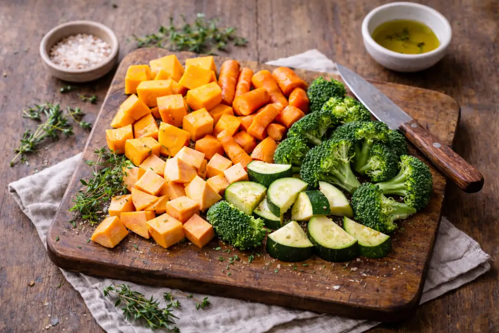 Legumes assados com ervas: uma receita simples que nutre o cotidiano | Benverde Ingredientes frescos para preparar legumes assados com ervas