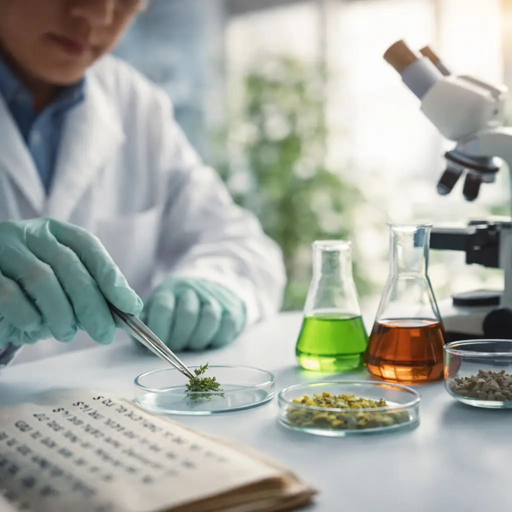 Cientista analisando planta medicinal em laboratório