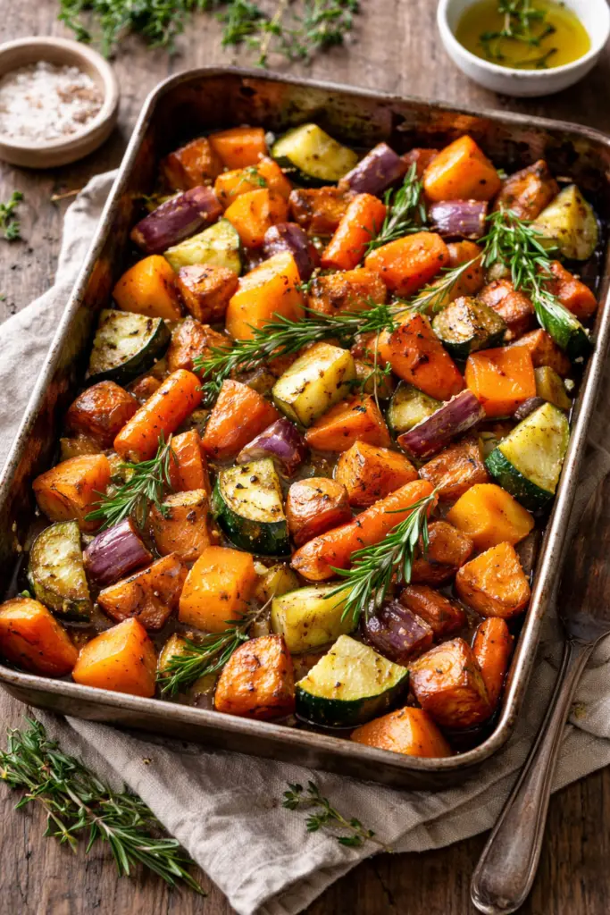 Legumes assados com ervas em assadeira rústica