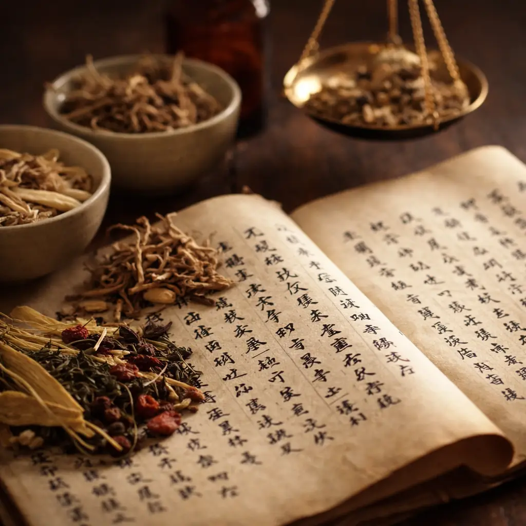 Tu Youyou artemísia: livro antigo de medicina chinesa com ervas medicinais secas. Textos antigos da medicina chinesa inspiraram a descoberta de Tu Youyou.