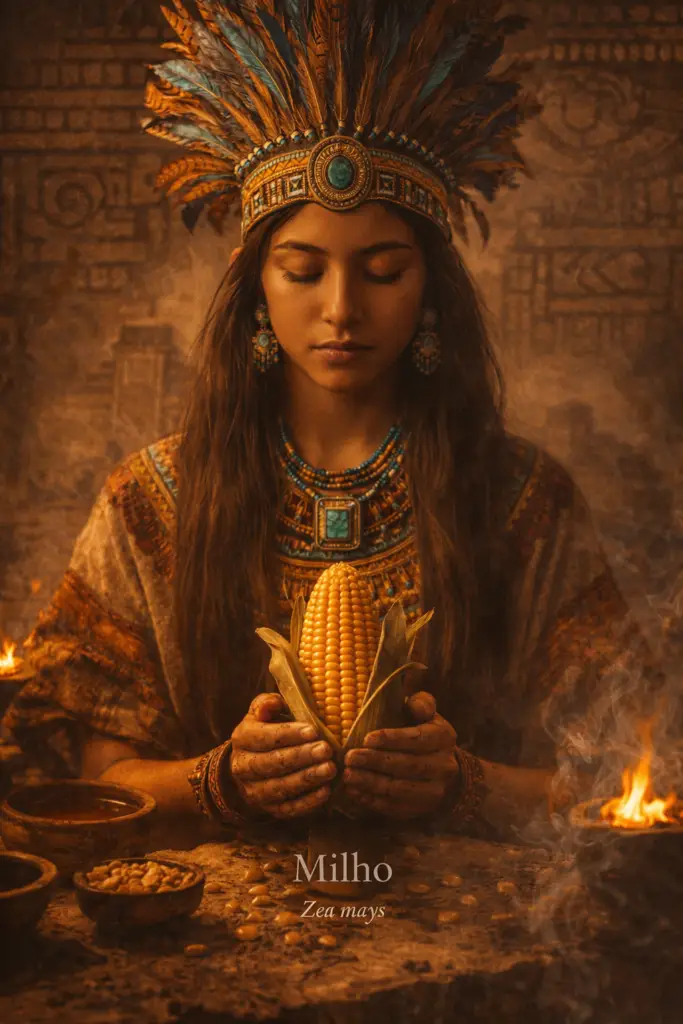 milho na mitologia maia: mulher em vestimenta tradicional segurando milho em gesto simbólico de conexão ancestral