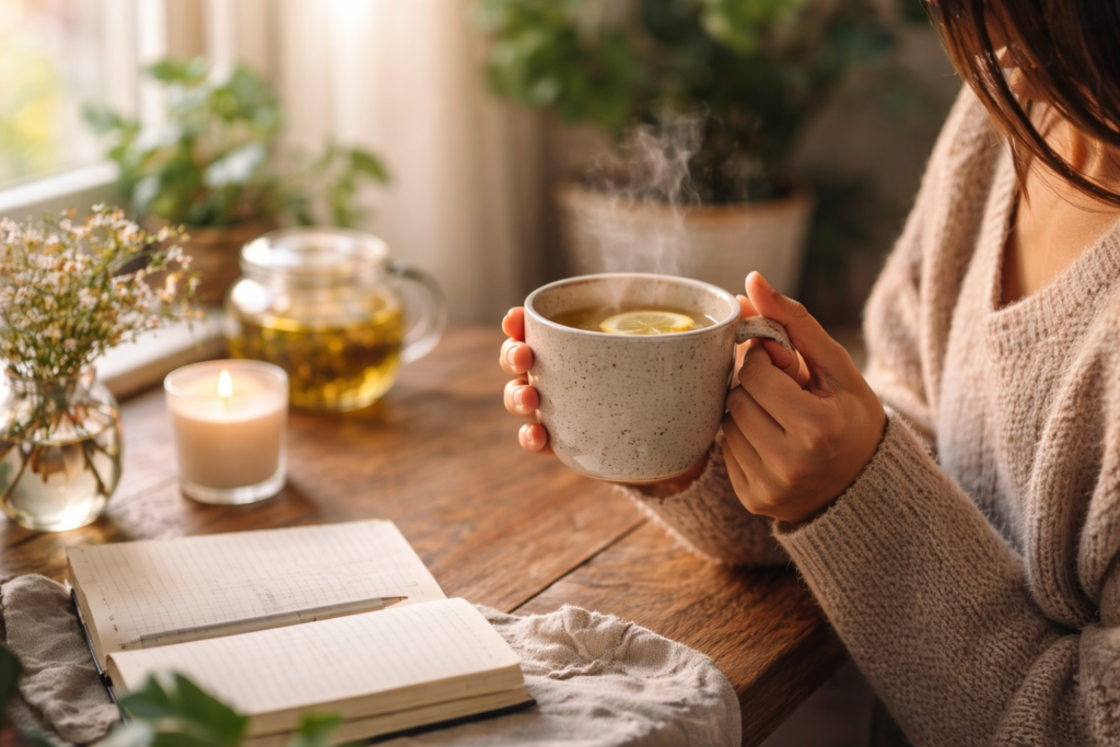 pequenos hábitos de autocuidado: momento de autocuidado com chá em ambiente tranquilo