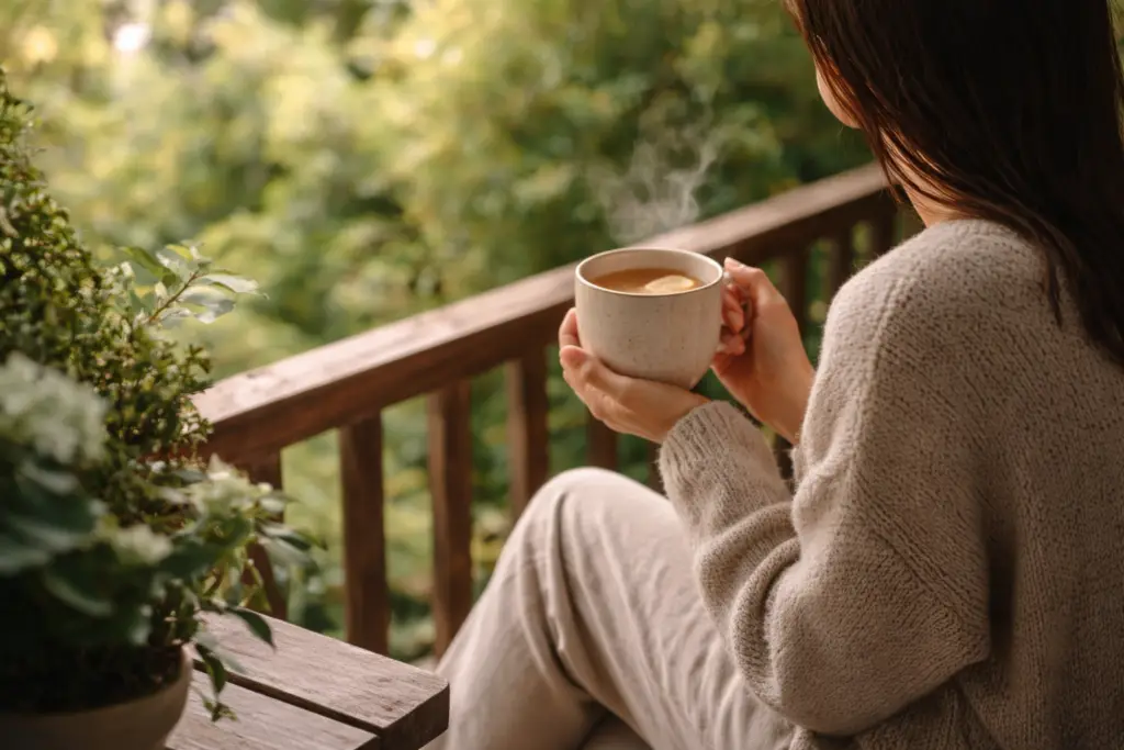 pequenos hábitos de autocuidado: pessoa tomando chá em momento de pausa e contemplação