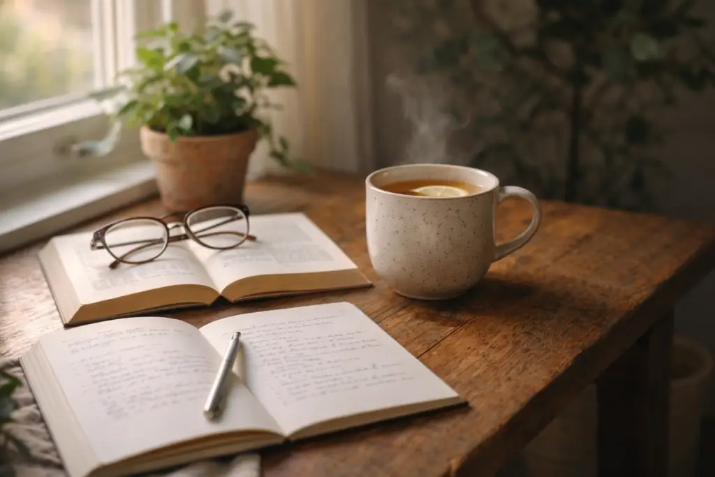 mesa com caderno livro e chá representando hábitos de autocuidado