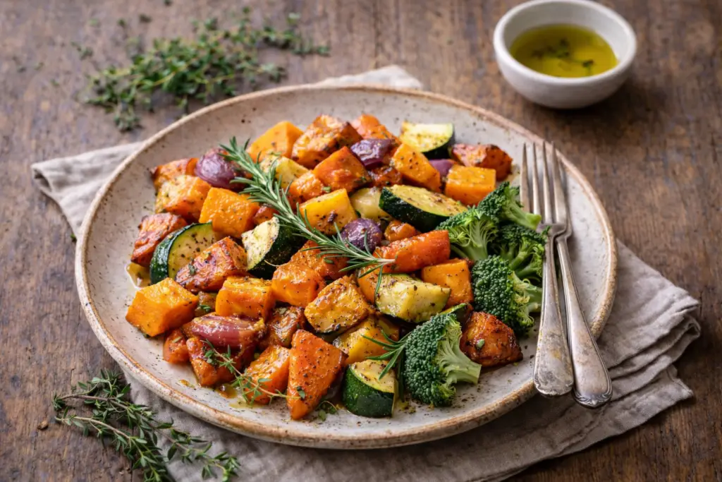 Legumes assados com ervas: uma receita simples que nutre o cotidiano | Benverde Prato de legumes assados com ervas frescas