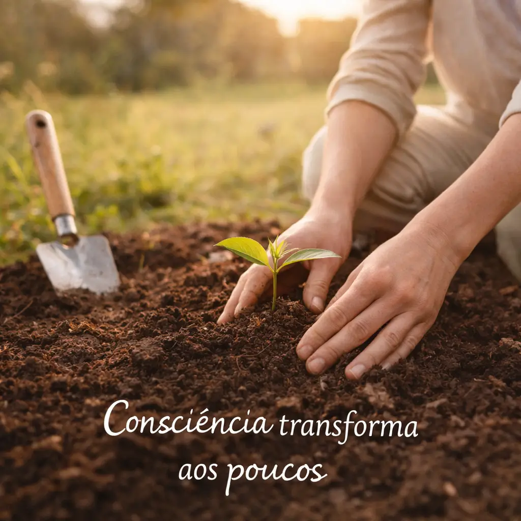 Ser mais consciente: mãos plantando muda simbolizando consciência ambiental e transformação gradual