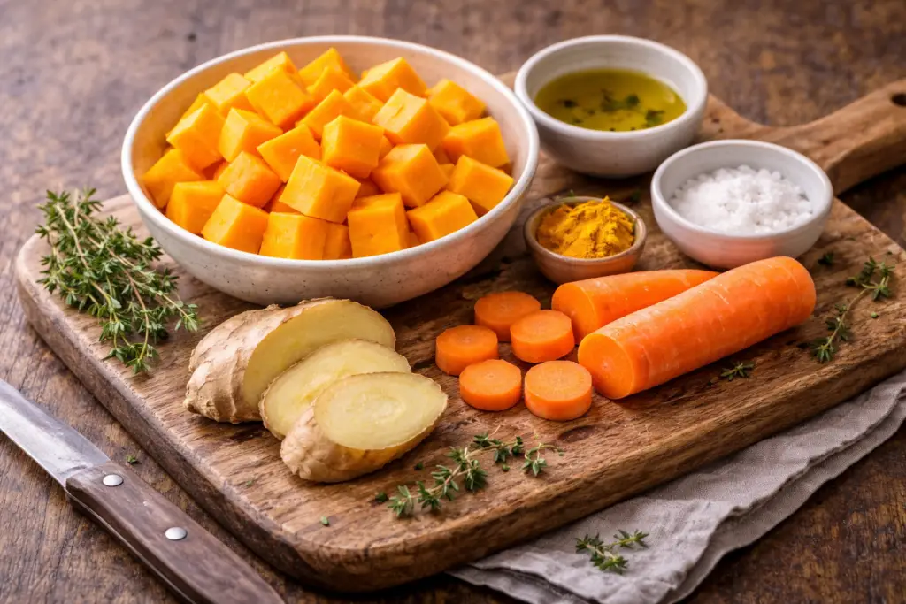 ingredientes para preparar sopa de abóbora com gengibre