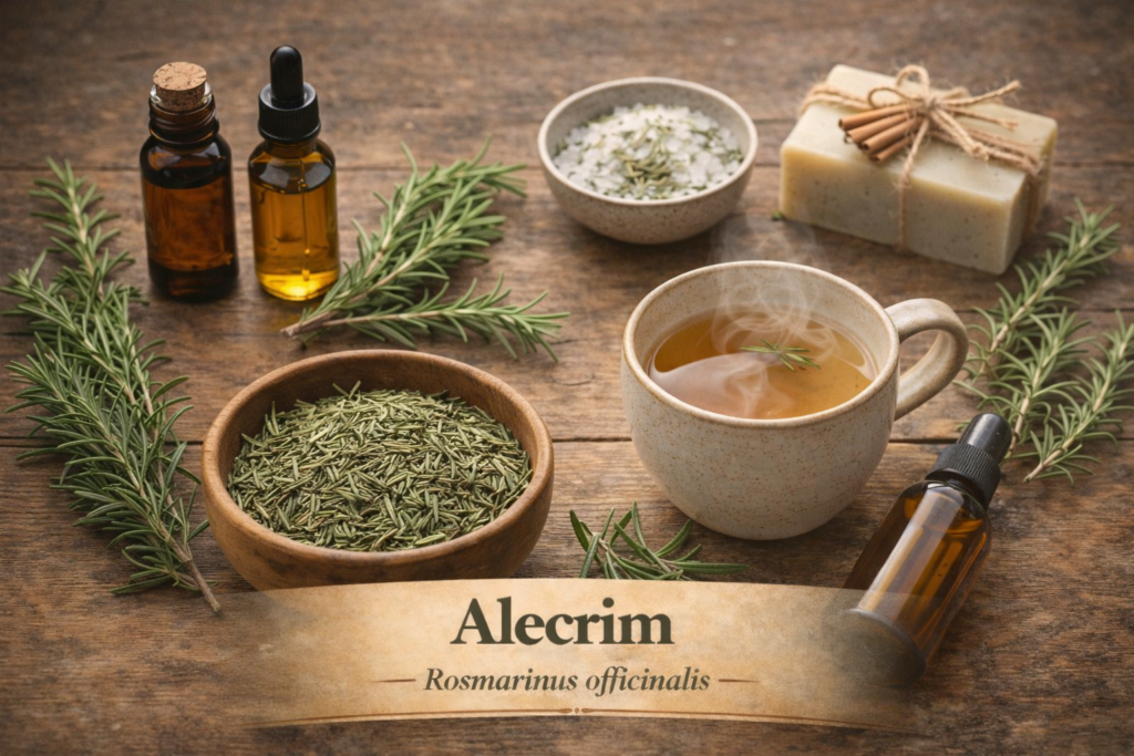 Para que serve o alecrim: Diferentes formas de uso do alecrim incluindo chá, folhas secas, óleo e preparos naturais sobre superfície rústica