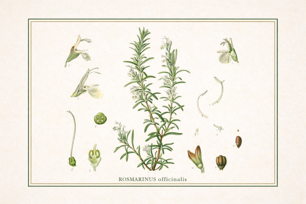 Ilustração botânica de alecrim (Rosmarinus officinalis) do século XIX mostrando folhas, flores e estruturas da planta medicinal