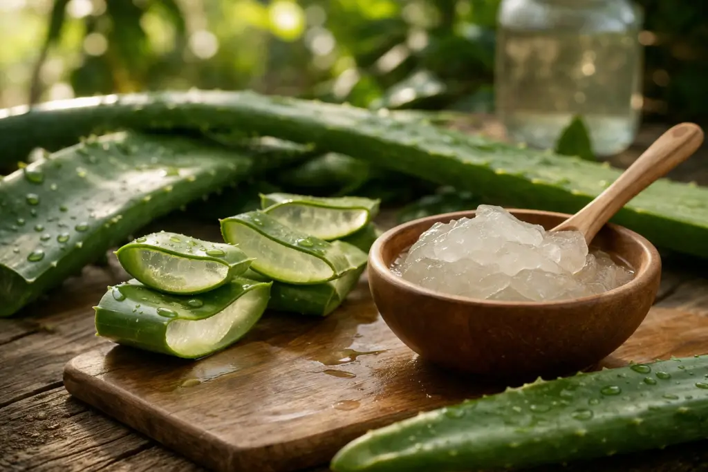 Folhas de babosa (aloe vera) cortadas com gel transparente em recipiente de madeira em ambiente natural