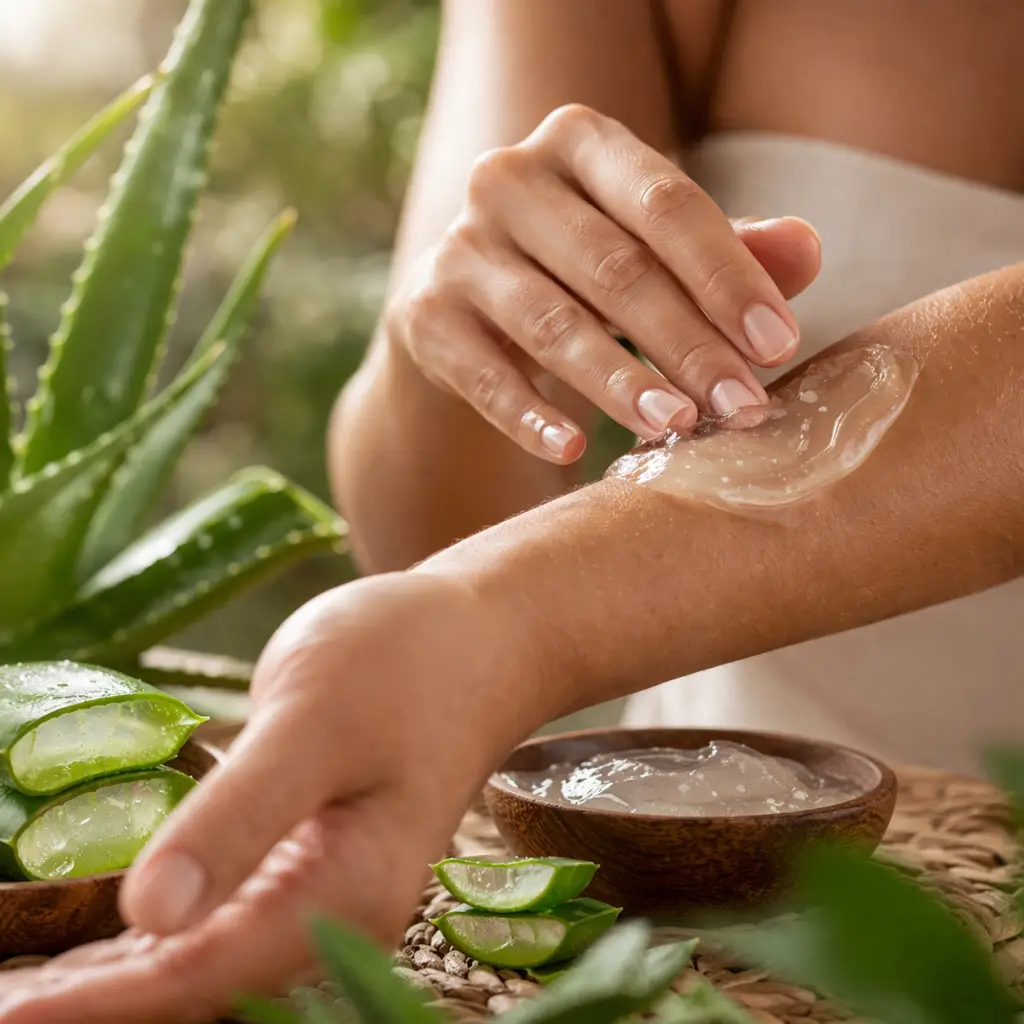Para que serve a babosa: aplicação de gel de babosa na pele com textura transparente em ambiente natural