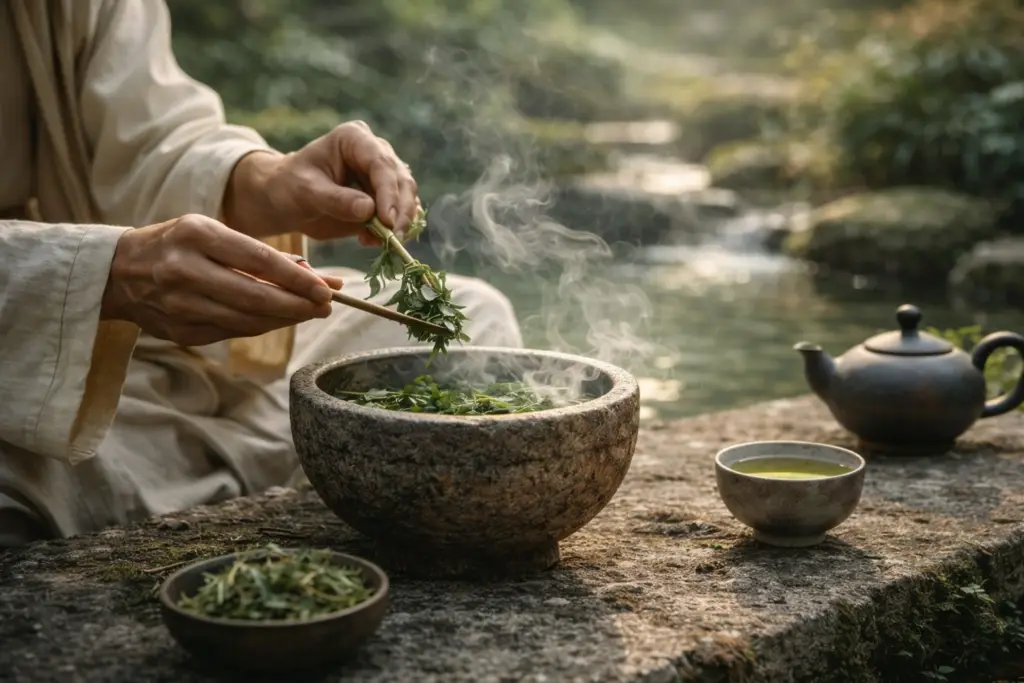 Mãos preparando ervas em tigela com vapor em ambiente natural tranquilo