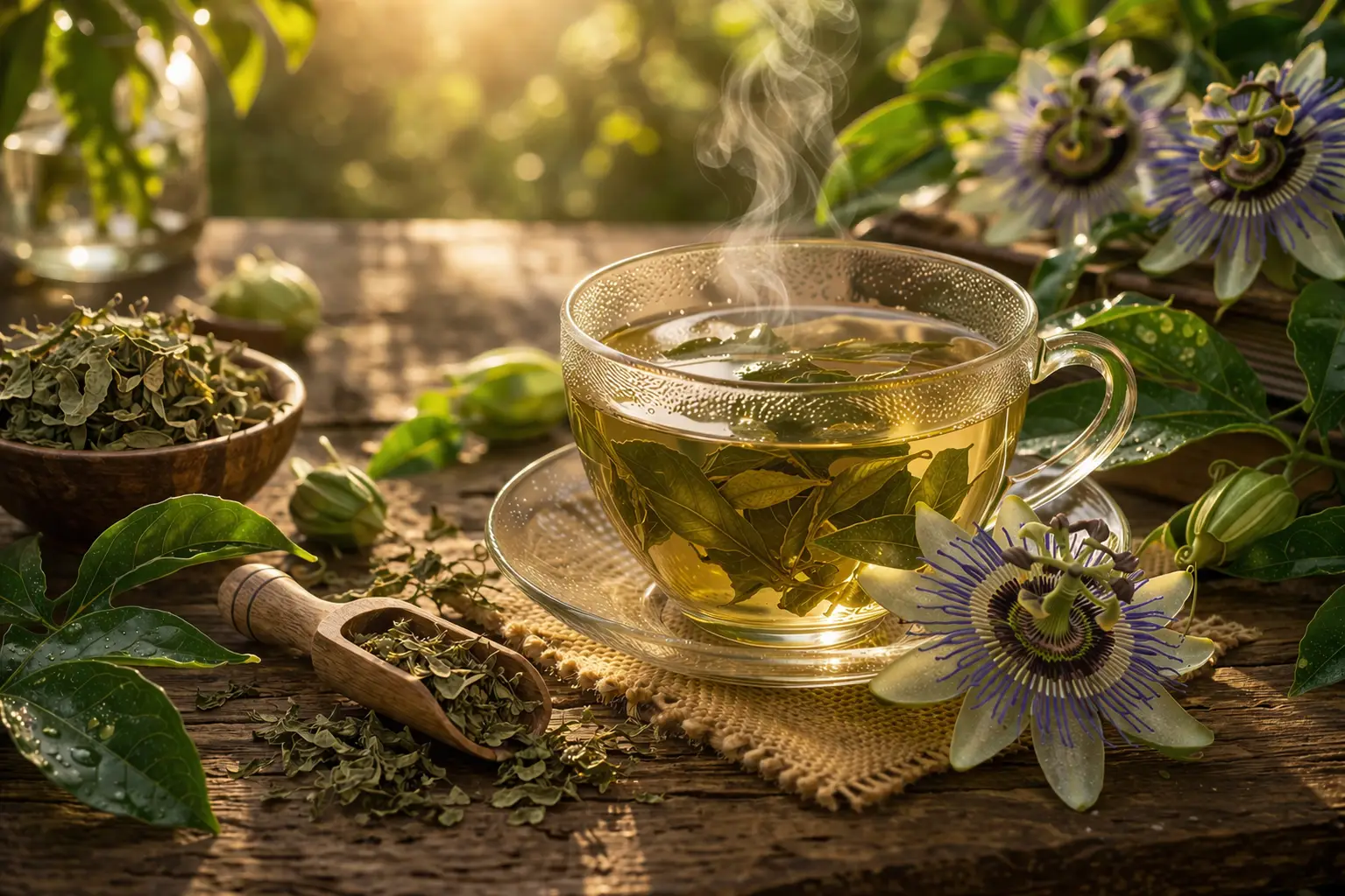 Chá de maracujá preparado por infusão, associado ao relaxamento e ao bem-estar.