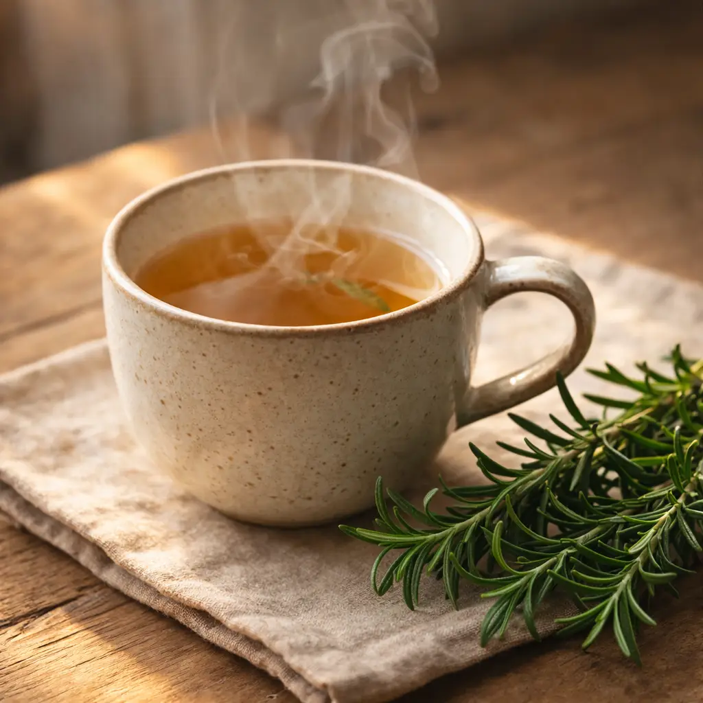 Chá de alecrim em xícara rústica com vapor, acompanhado de ramos frescos da planta
