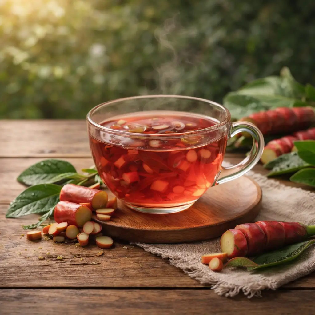 chá de cana-do-brejo em xícara com raiz ao lado