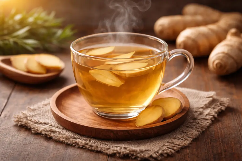 chá de gengibre com fatias frescas em xícara de vidro