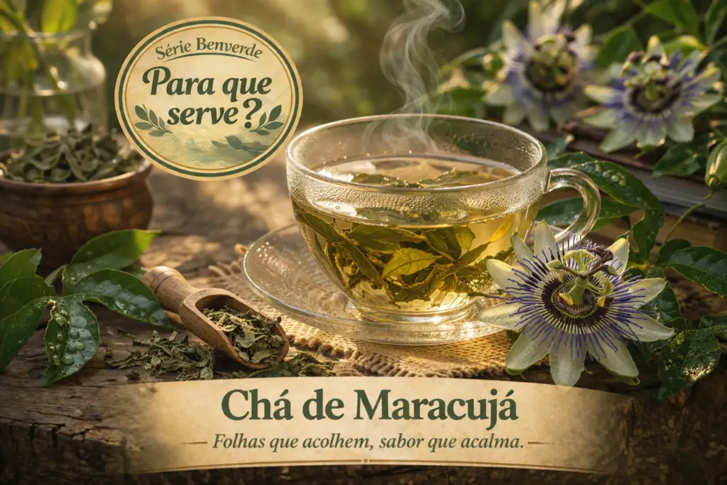 Para que serve o maracujá? Benefícios, usos e como utilizar no dia a dia | Benverde Par que serve o ,maracujá: chá de folha de maracujá em xícara com vapor, acompanhado de folhas e flor da planta