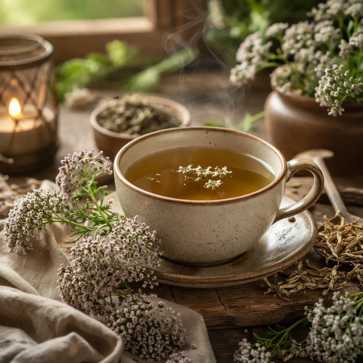 Chá de valeriana: xícara vapor infusão natural Valeriana officinalis