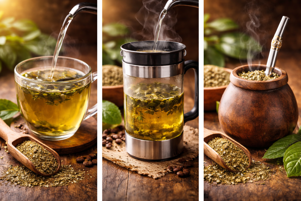 Processo de preparo do chá mate, da xícara ao chimarrão