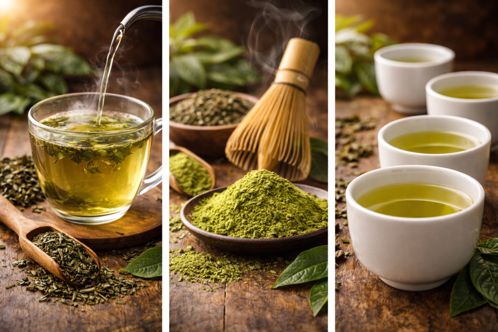 preparo do chá verde com folhas e matcha
