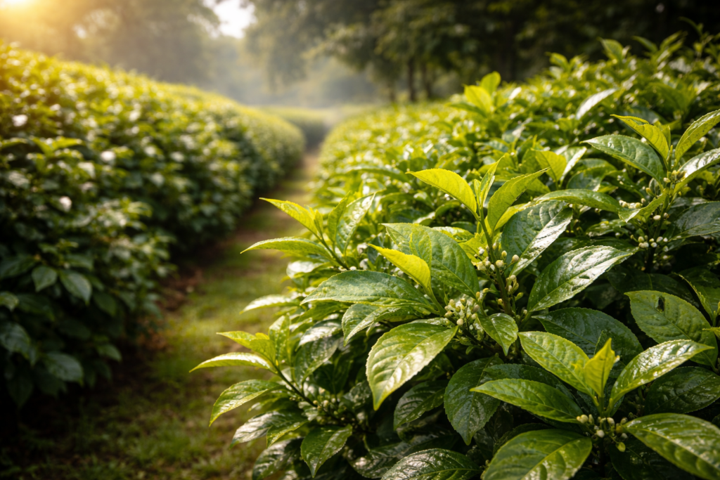 plantação de chá verde com folhas frescas na natureza