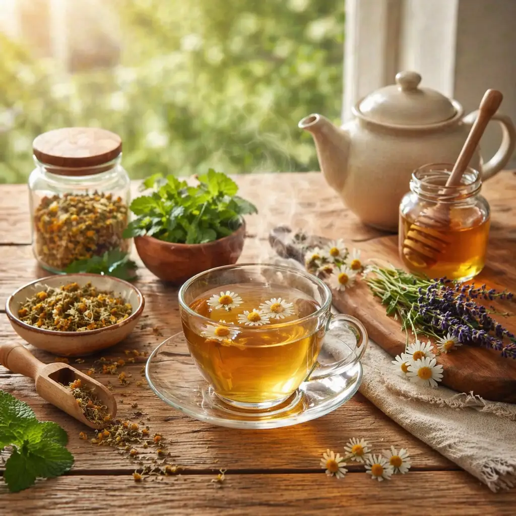 chá relaxante com ervas naturais em ambiente acolhedor e iluminado