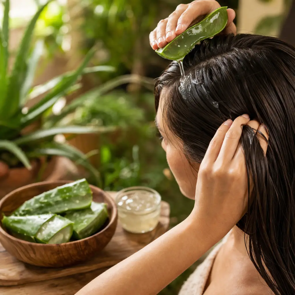 Para que serve a babosa: aplicação de gel de babosa no cabelo com folhas naturais ao fundo