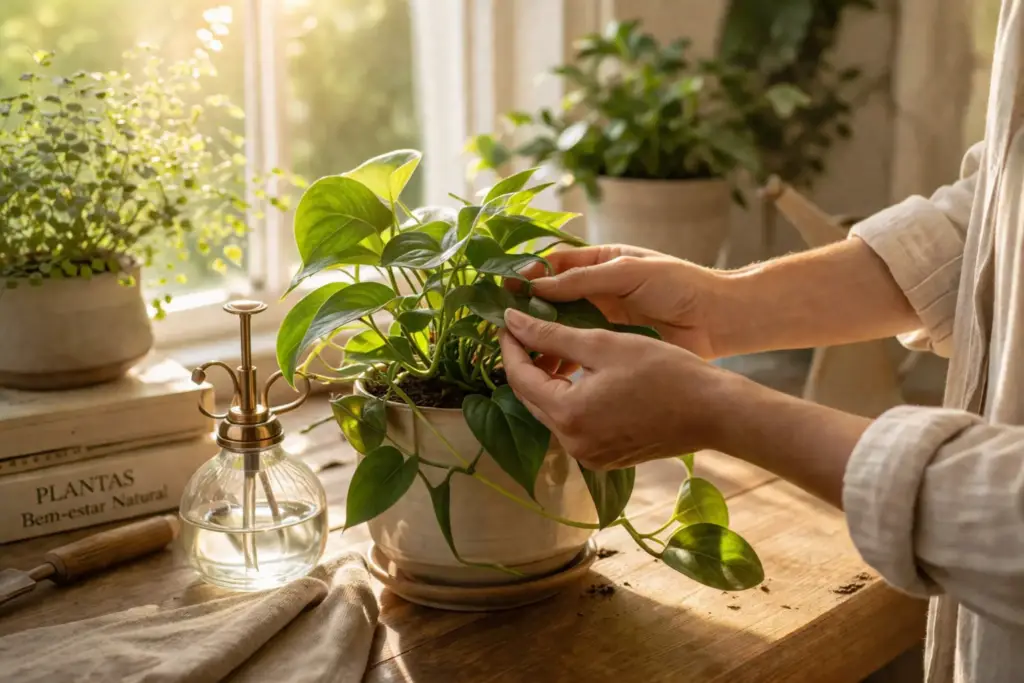mãos cuidando de planta em casa com luz natural rotina saudável e hábitos conscientes