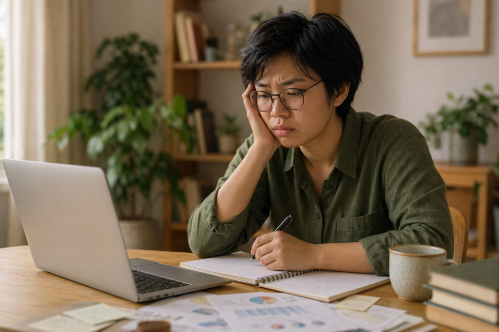 mulher tentando se concentrar em mesa de trabalho com expressão de cansaço mental