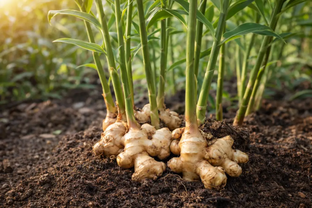 planta de gengibre com raiz e folhas em ambiente natural