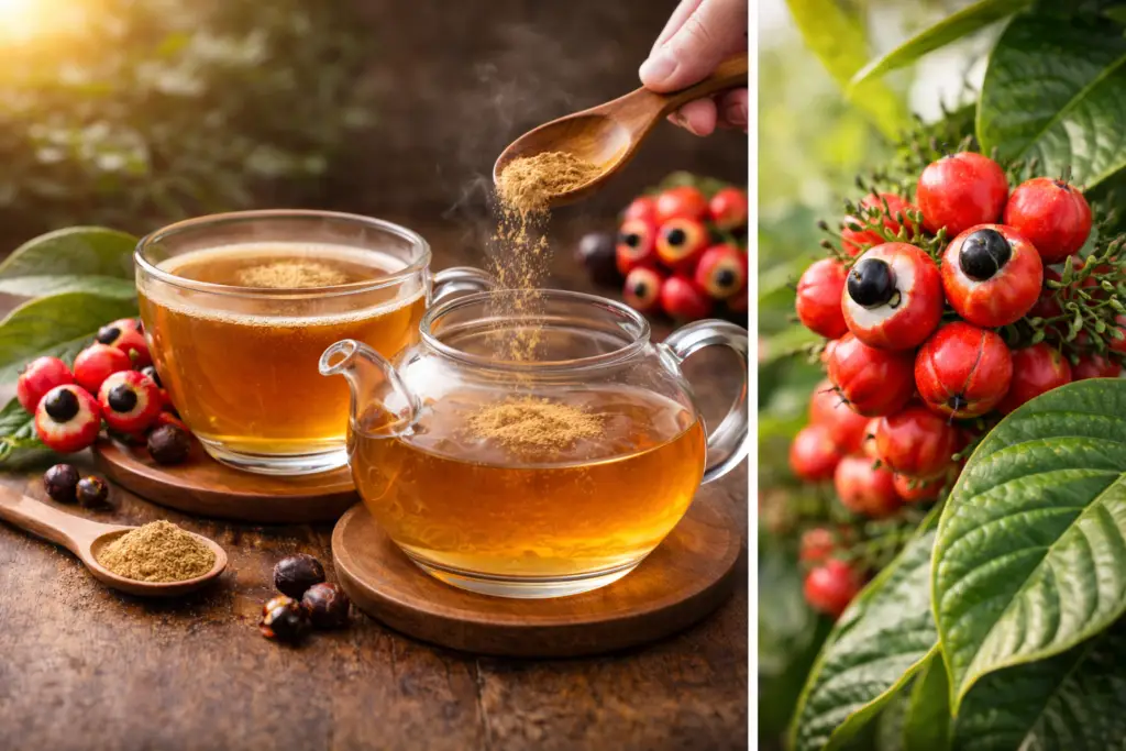 Chá de Guaraná: energia natural, benefícios e preparo consciente | Benverde pó de guaraná sendo adicionado à água quente
