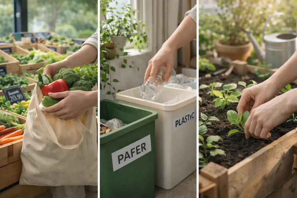 pessoas praticando sustentabilidade como reciclagem, consumo consciente e cultivo