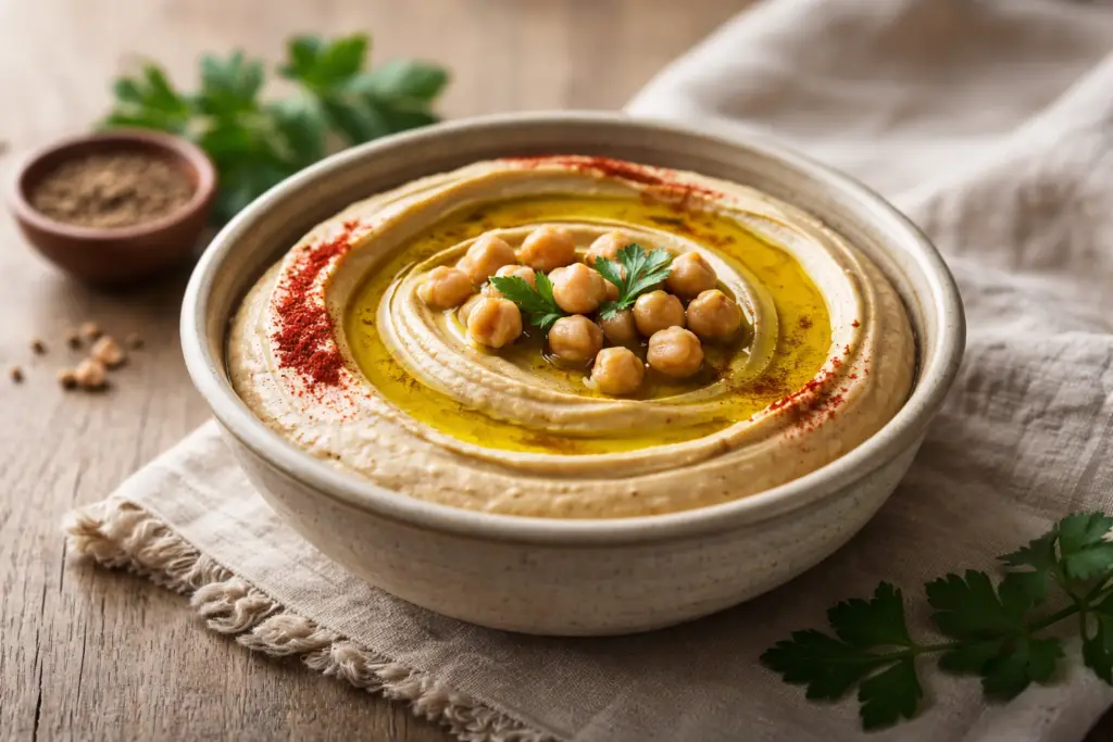 Homus de grão-de-bico cremoso servido em bowl com azeite e ervas em mesa rústica