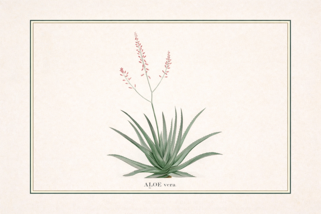 Ilustração botânica da babosa (Aloe vera) com folhas e inflorescência em estilo científico clássico