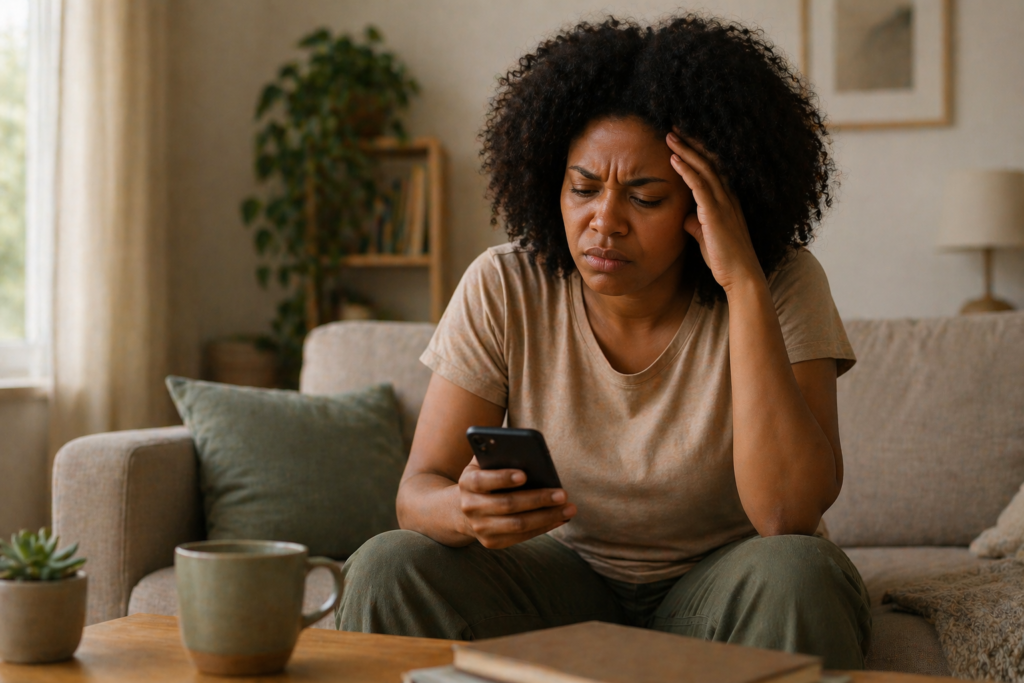 mulher com expressão de irritação olhando para celular em ambiente tranquilo
