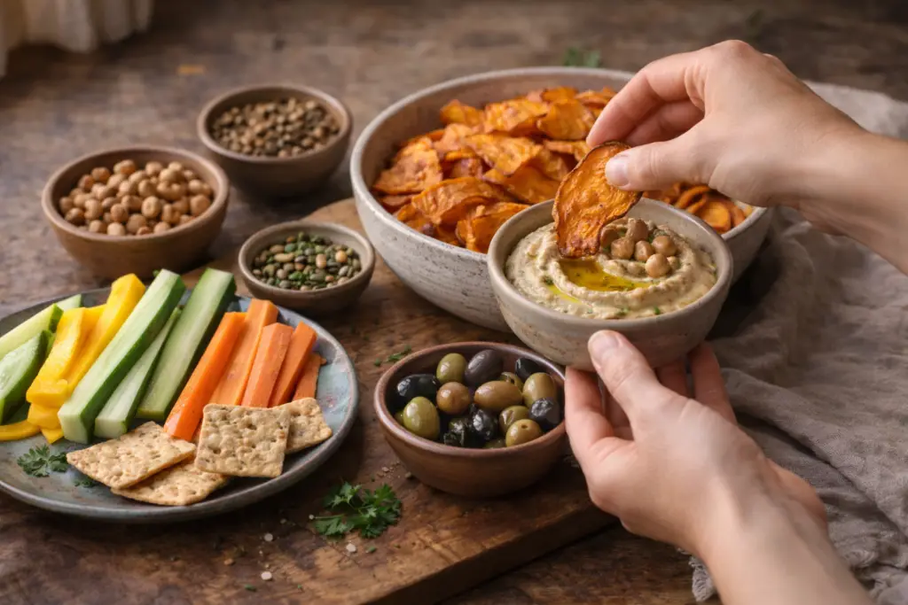 Lanches e petiscos saudáveis com chips de batata doce, vegetais e pasta vegetal cremosa