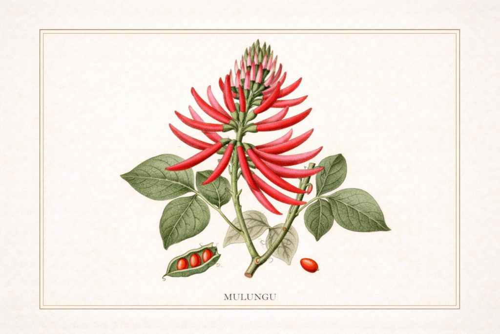 gravura botânica de Erythrina speciosa com flores vermelhas conhecida como mulungu