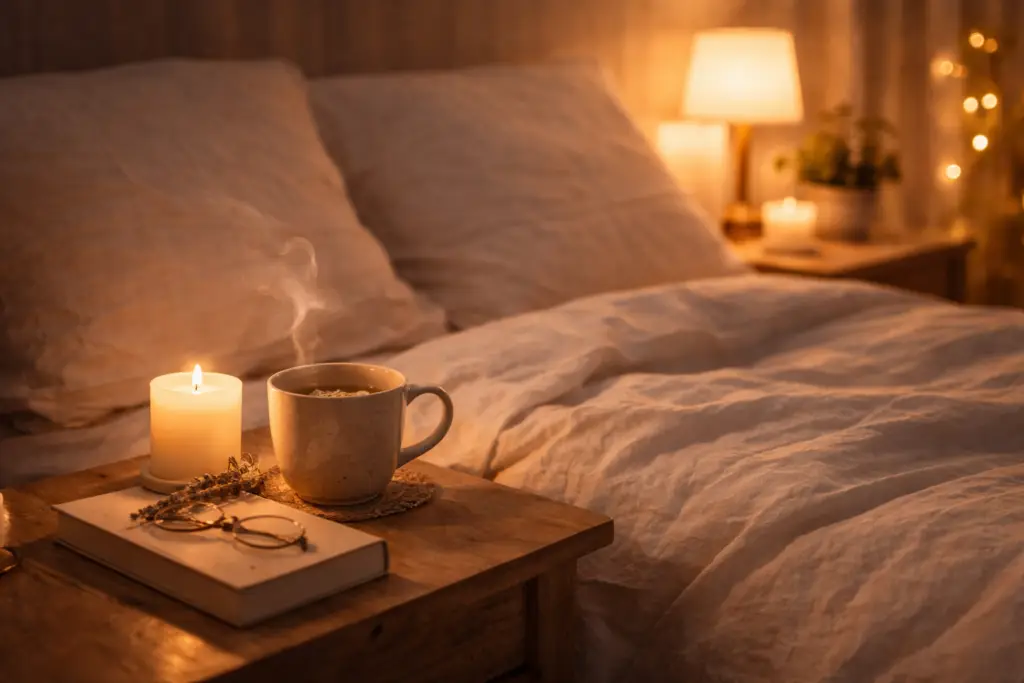 Mesa de cabeceira com chá quente, vela acesa e livro ao lado de cama arrumada, representando rotina noturna relaxante